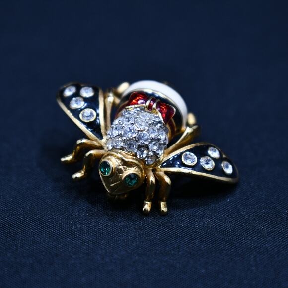 Vintage Joan Rivers Bee Brooch, Gold Plated, Enamel Red White Black, 1990s - Picture 10 of 10